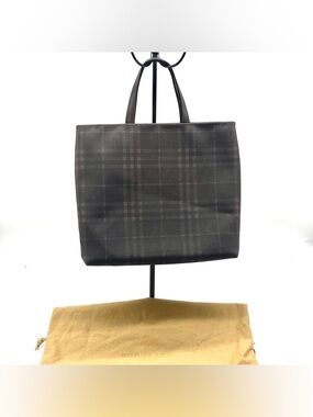 Burberry London Brown Black Plaid Leather-Trim Coated Canvas Tote Hand Bag Small